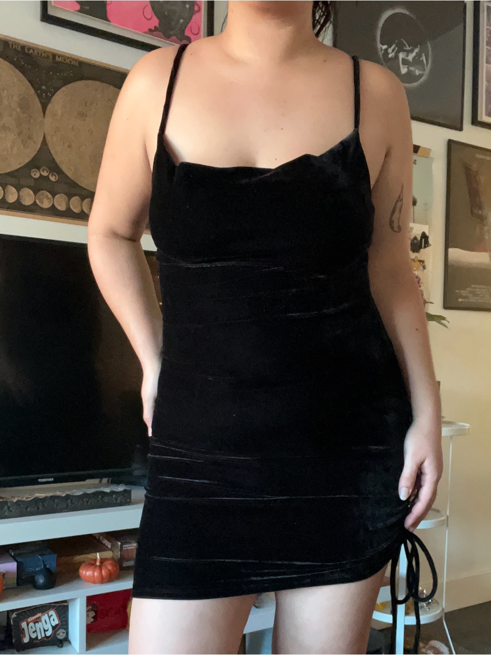 Black Velvet Ruched Cowl Neck Mini Dress